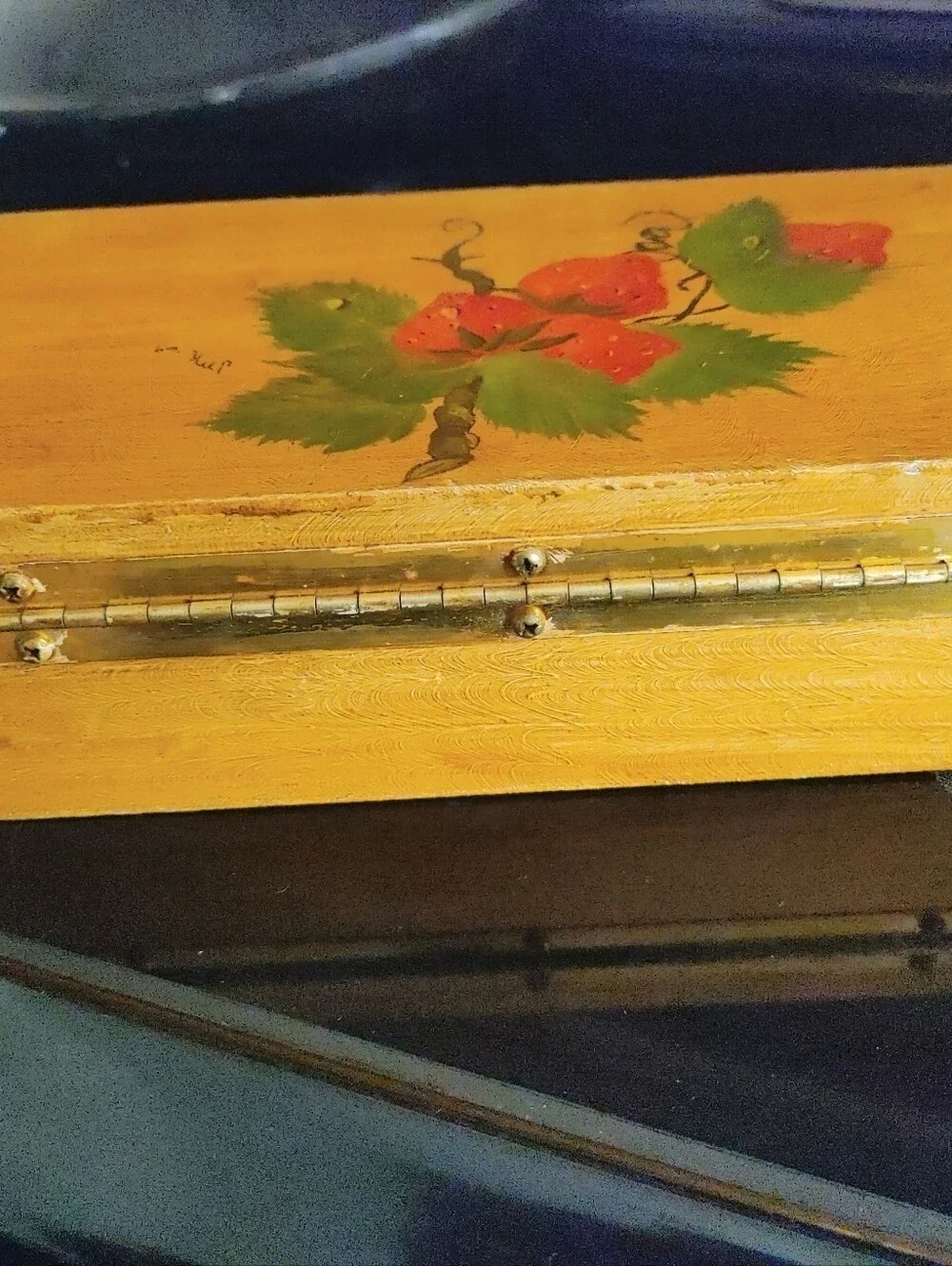 Vintage Mid Century 1960s Wooden Box Purse With Strawberries Painted On It